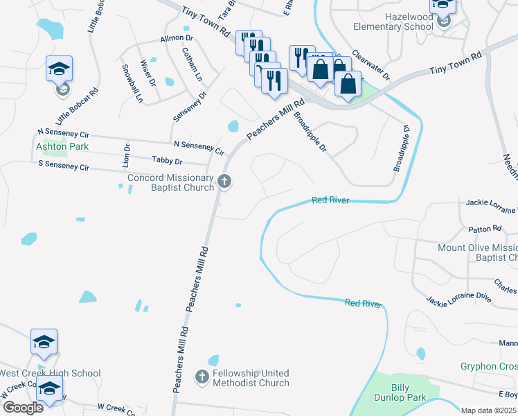 map of restaurants, bars, coffee shops, grocery stores, and more near 3160 Brook Hill Drive in Clarksville
