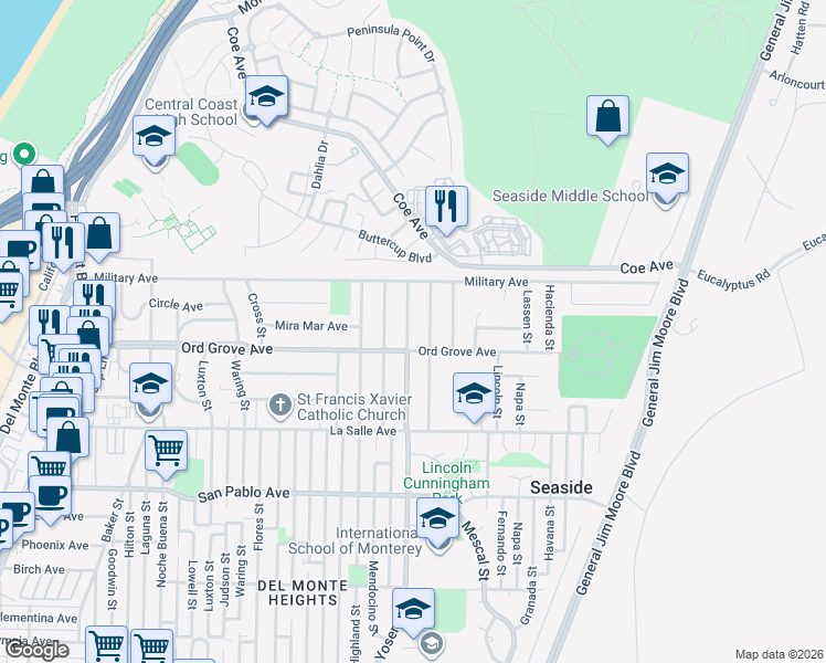 map of restaurants, bars, coffee shops, grocery stores, and more near 2015 Yosemite Street in Seaside