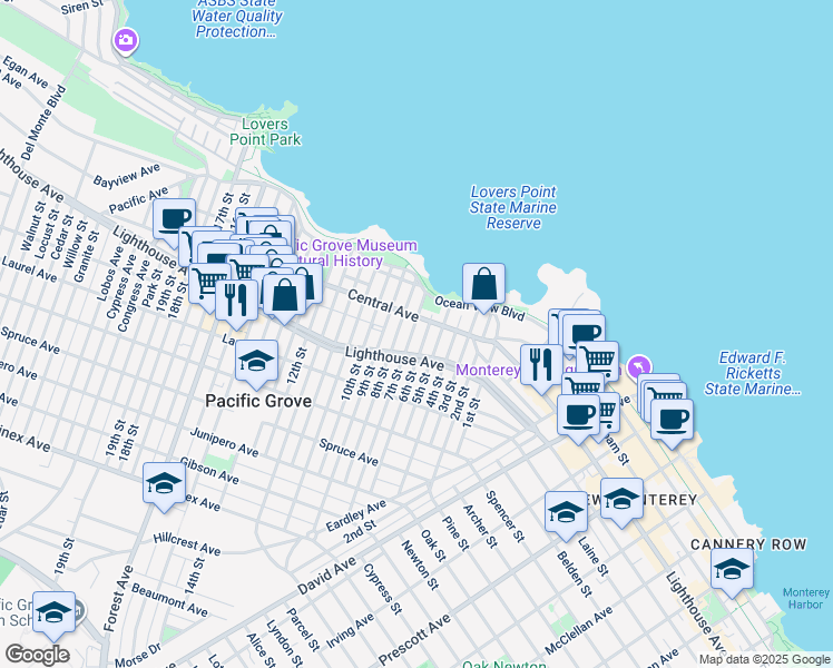 map of restaurants, bars, coffee shops, grocery stores, and more near 131 7th Street in Pacific Grove