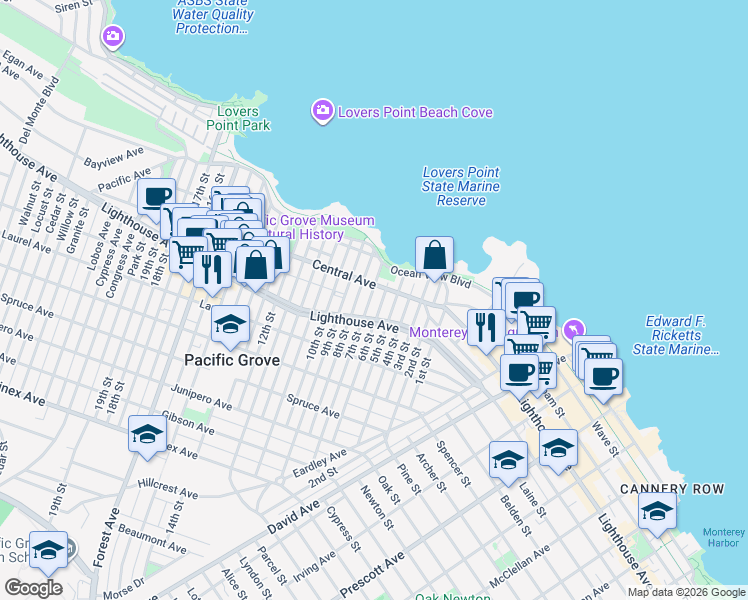 map of restaurants, bars, coffee shops, grocery stores, and more near 131 7th Street in Pacific Grove