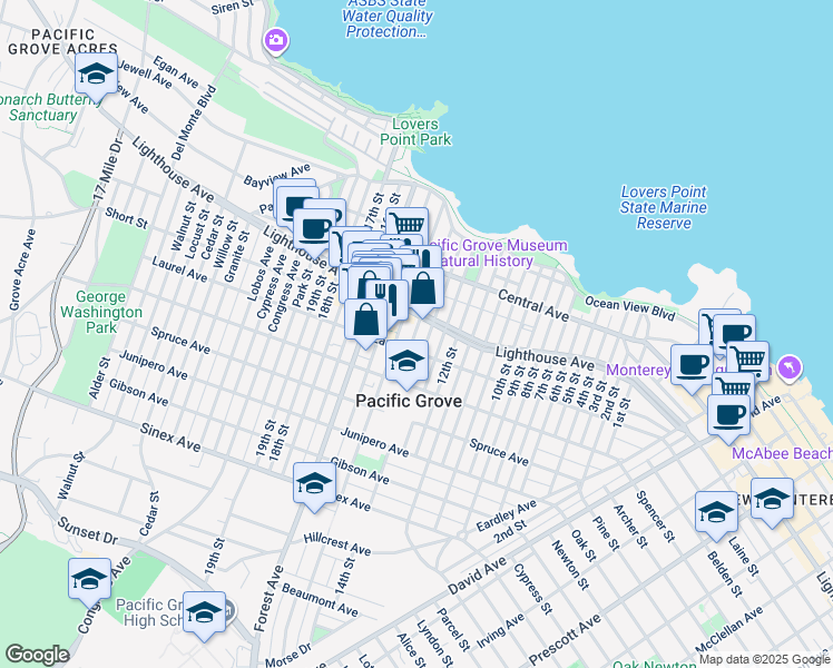map of restaurants, bars, coffee shops, grocery stores, and more near 301 Grand Avenue in Pacific Grove
