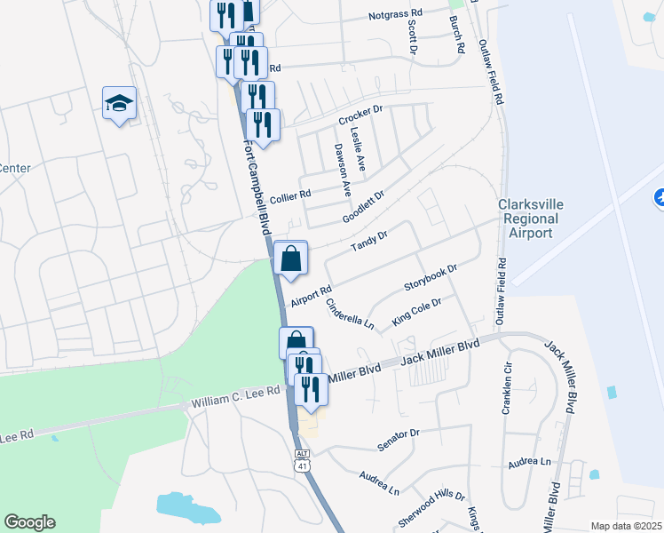map of restaurants, bars, coffee shops, grocery stores, and more near 98 Tandy Drive in Clarksville