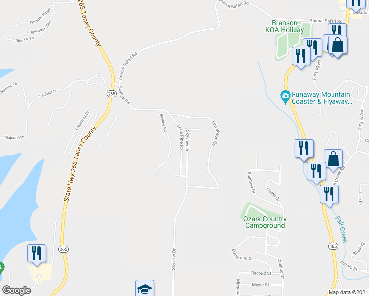 map of restaurants, bars, coffee shops, grocery stores, and more near 1585 Skyview Drive in Branson