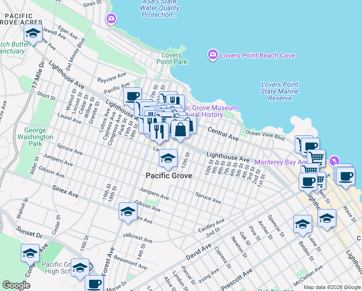 map of restaurants, bars, coffee shops, grocery stores, and more near 489 Lighthouse Avenue in Pacific Grove