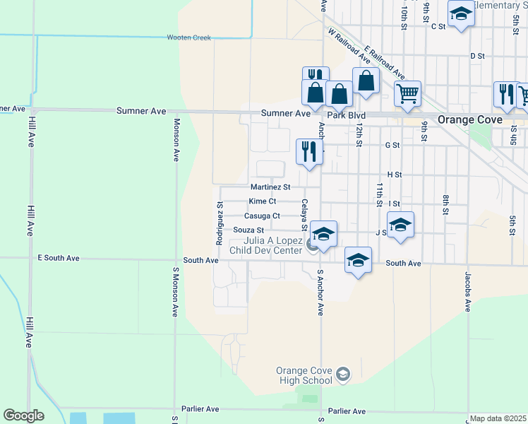 map of restaurants, bars, coffee shops, grocery stores, and more near 1539 Casuga Court in Orange Cove