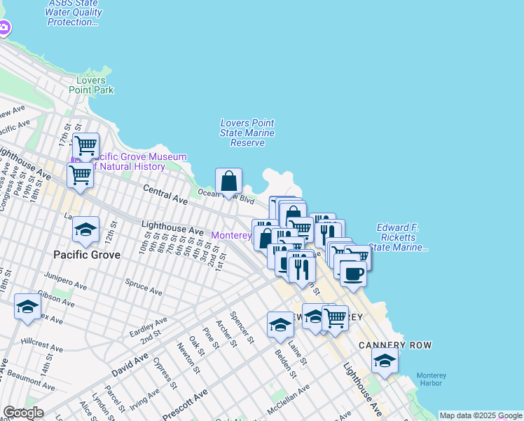 map of restaurants, bars, coffee shops, grocery stores, and more near 183 Sloat Avenue in Pacific Grove