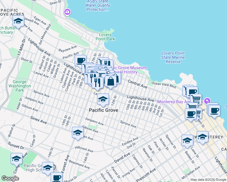 map of restaurants, bars, coffee shops, grocery stores, and more near 212 13th Street in Pacific Grove