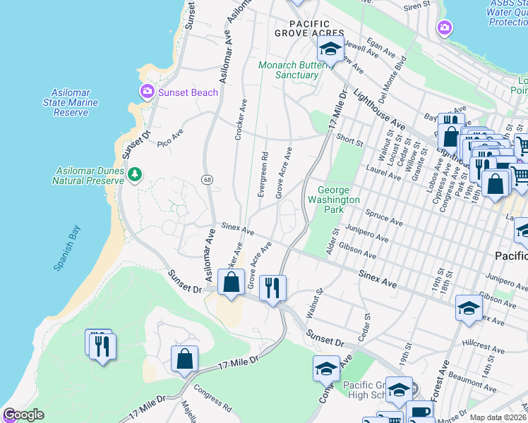 map of restaurants, bars, coffee shops, grocery stores, and more near 710 Grove Acre Avenue in Pacific Grove