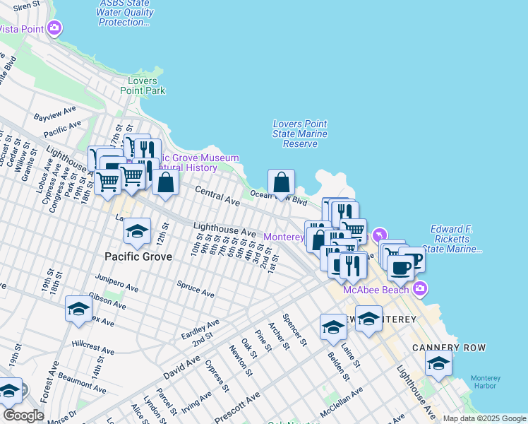 map of restaurants, bars, coffee shops, grocery stores, and more near 253 Central Avenue in Pacific Grove