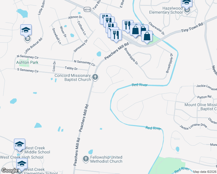 map of restaurants, bars, coffee shops, grocery stores, and more near 3144 Brook Hill Dr in Clarksville