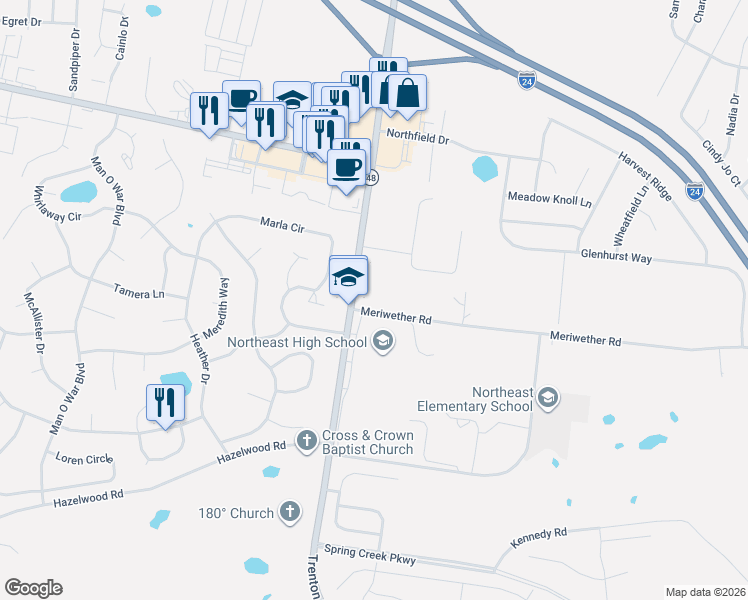 map of restaurants, bars, coffee shops, grocery stores, and more near 1177 Meriwether Road in Clarksville