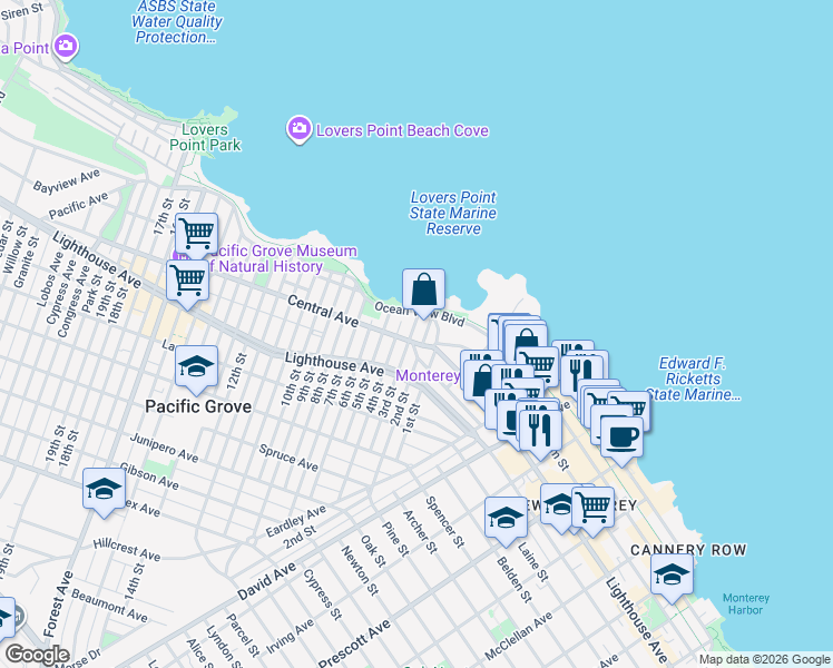 map of restaurants, bars, coffee shops, grocery stores, and more near 115 3rd Street in Pacific Grove