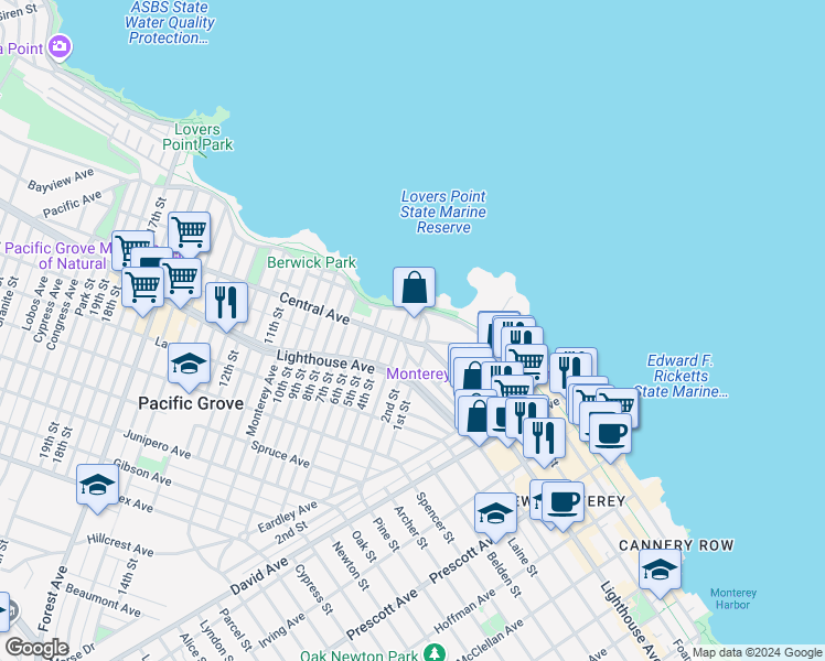 map of restaurants, bars, coffee shops, grocery stores, and more near 225 Central Avenue in Pacific Grove