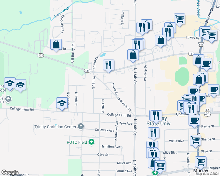 map of restaurants, bars, coffee shops, grocery stores, and more near 822 Coldwater Road in Murray