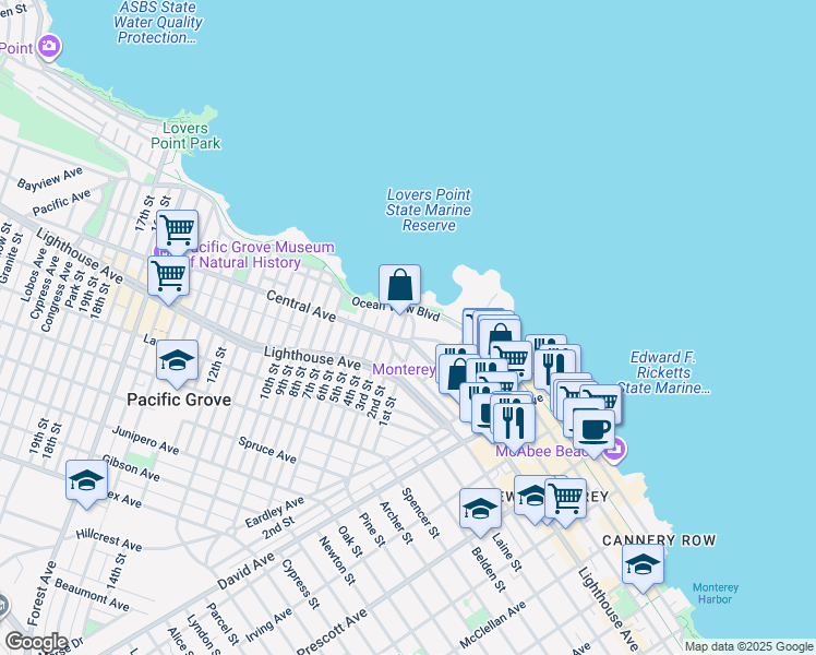 map of restaurants, bars, coffee shops, grocery stores, and more near 114 1st Street in Pacific Grove