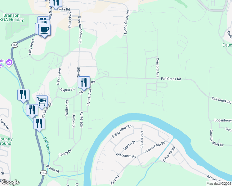 map of restaurants, bars, coffee shops, grocery stores, and more near River Bluff Drive in Branson