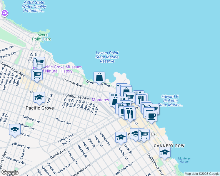 map of restaurants, bars, coffee shops, grocery stores, and more near 185 Ocean View Boulevard in Pacific Grove