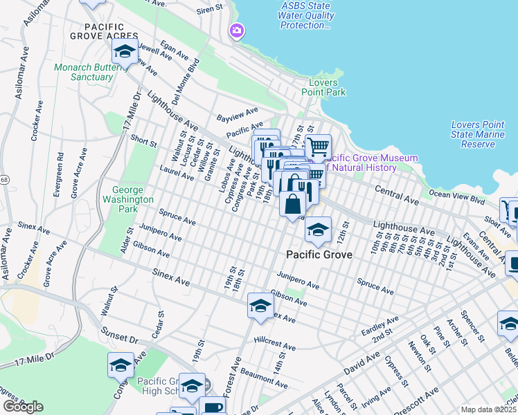 map of restaurants, bars, coffee shops, grocery stores, and more near 305 19th Street in Pacific Grove
