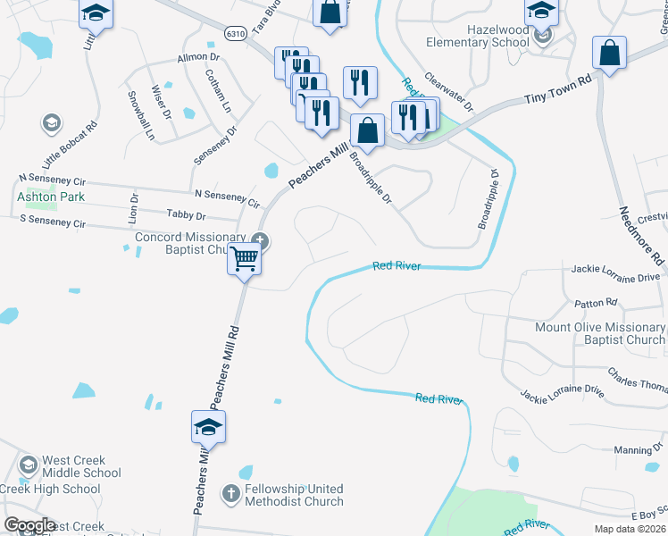 map of restaurants, bars, coffee shops, grocery stores, and more near 3144 Brook Hill Drive in Clarksville