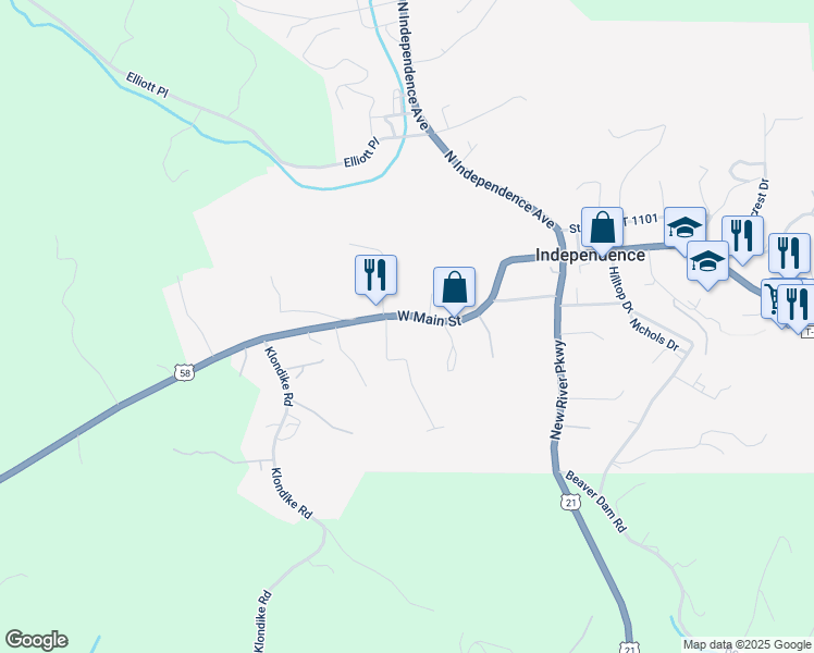 map of restaurants, bars, coffee shops, grocery stores, and more near 310 West Main Street in Independence
