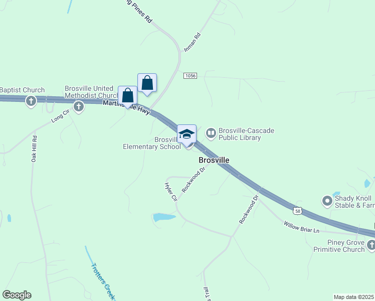 map of restaurants, bars, coffee shops, grocery stores, and more near 195 Bulldog Lane in Danville