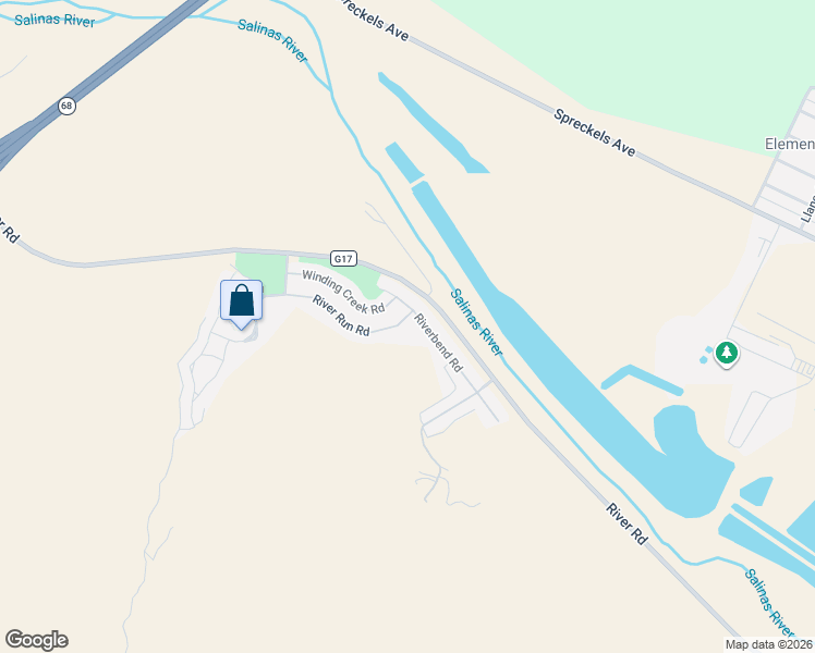 map of restaurants, bars, coffee shops, grocery stores, and more near 17668 River Run Road in Salinas