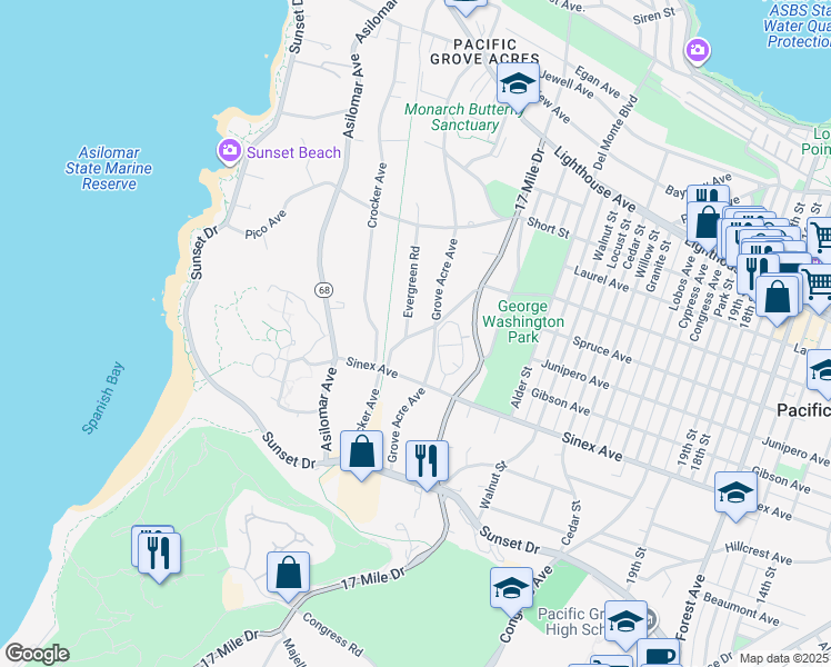 map of restaurants, bars, coffee shops, grocery stores, and more near 710 Grove Acre Avenue in Pacific Grove