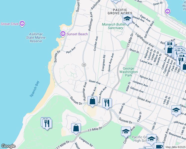 map of restaurants, bars, coffee shops, grocery stores, and more near 1244 Sinex Avenue in Pacific Grove