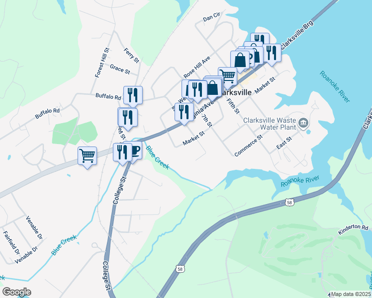 map of restaurants, bars, coffee shops, grocery stores, and more near 814 Caroline Street in Clarksville