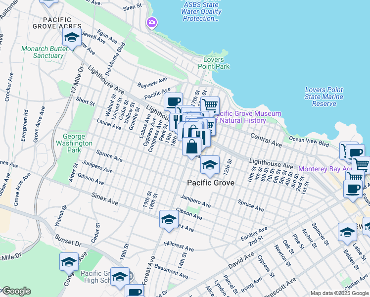 map of restaurants, bars, coffee shops, grocery stores, and more near in Pacific Grove