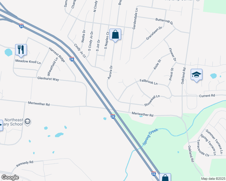 map of restaurants, bars, coffee shops, grocery stores, and more near 3560 Aurora Drive in Clarksville