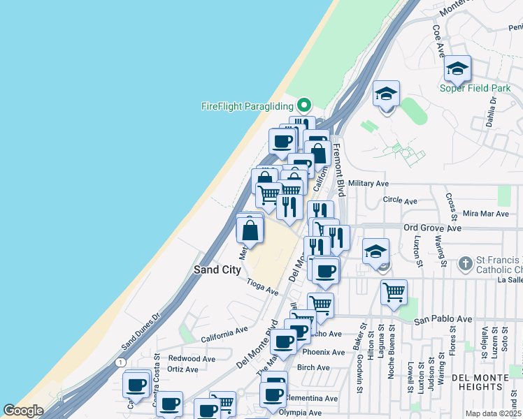 map of restaurants, bars, coffee shops, grocery stores, and more near 880 Playa Avenue in Sand City