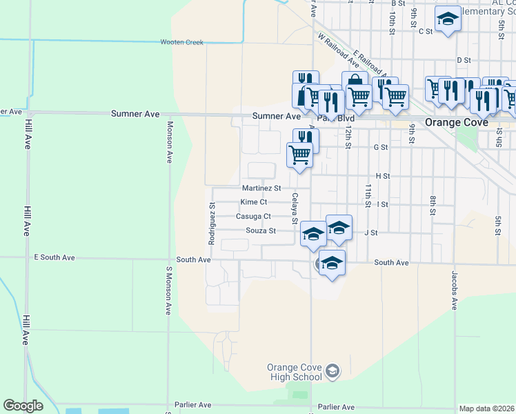 map of restaurants, bars, coffee shops, grocery stores, and more near 1539 Casuga Court in Orange Cove