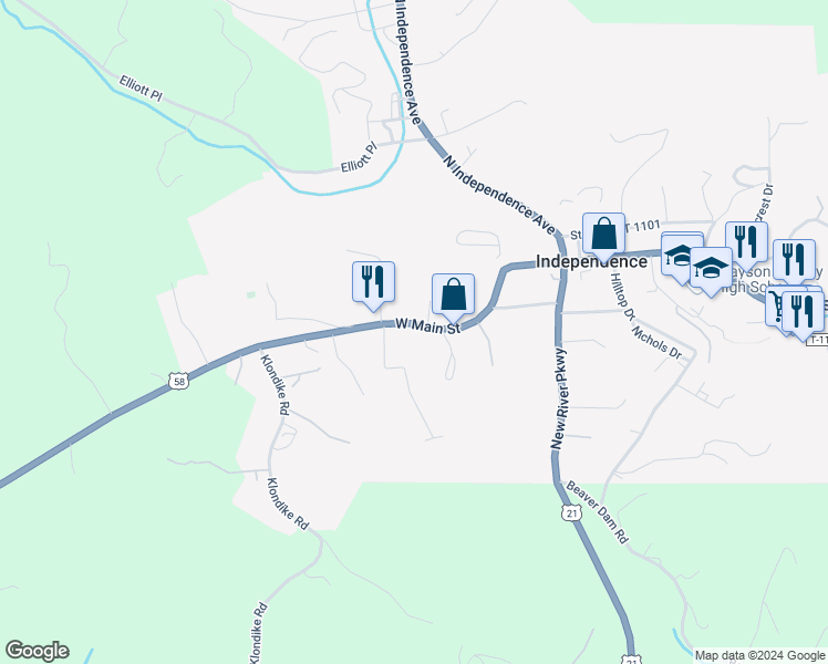 map of restaurants, bars, coffee shops, grocery stores, and more near 310 West Main Street in Independence