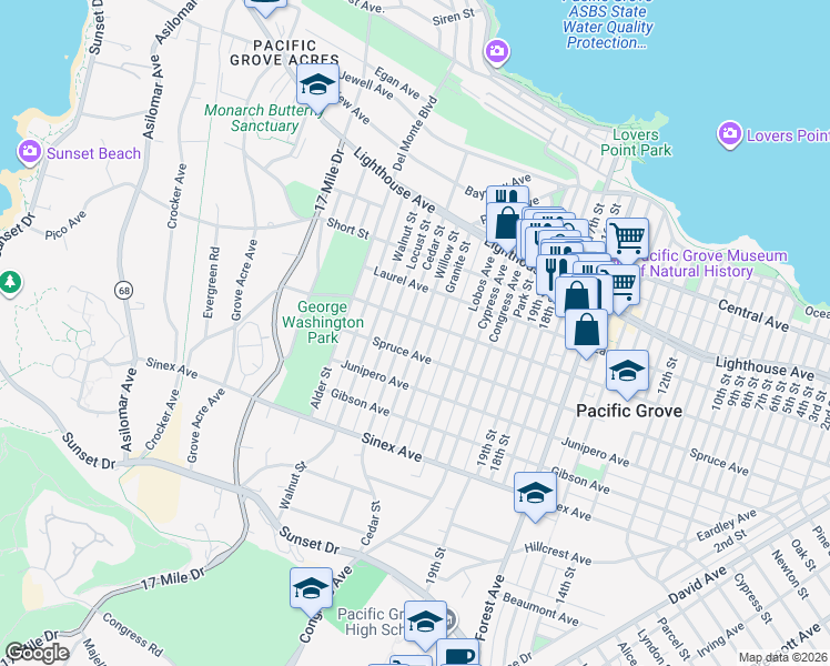 map of restaurants, bars, coffee shops, grocery stores, and more near 780 Spruce Avenue in Pacific Grove