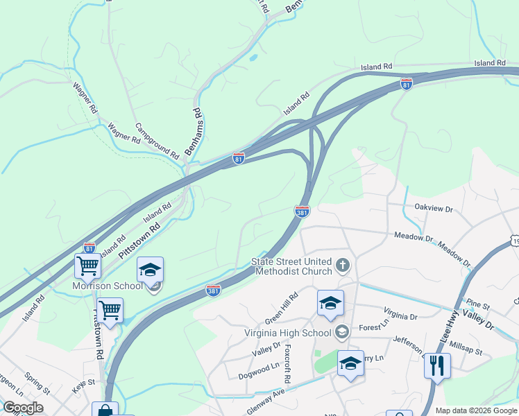 map of restaurants, bars, coffee shops, grocery stores, and more near 401-455 N Pinecrest Ln in Bristol