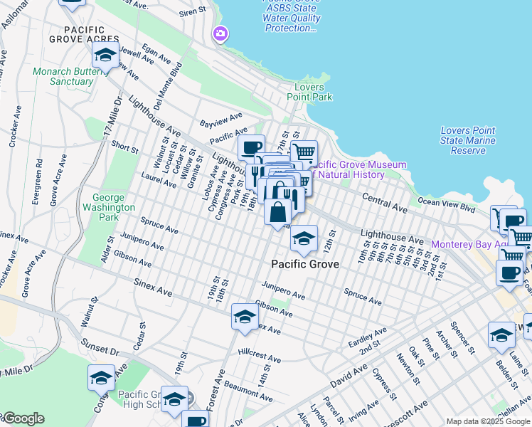 map of restaurants, bars, coffee shops, grocery stores, and more near 228 16th Street in Pacific Grove