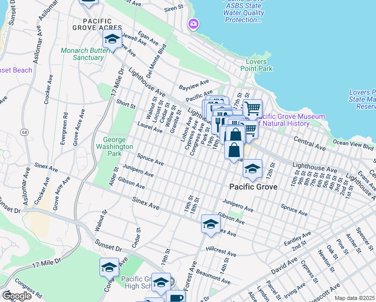 map of restaurants, bars, coffee shops, grocery stores, and more near 315 Cypress Avenue in Pacific Grove