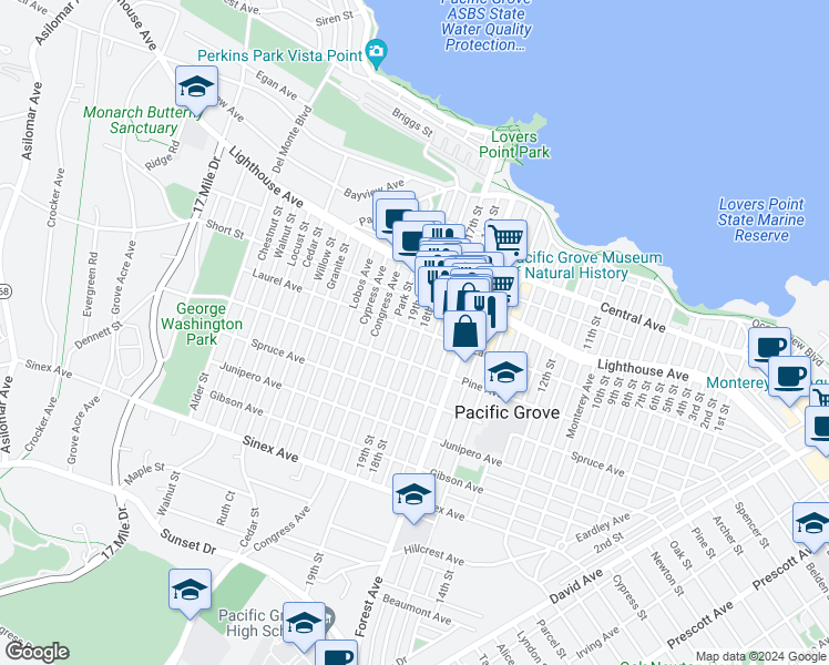 map of restaurants, bars, coffee shops, grocery stores, and more near 316 17th Street in Pacific Grove