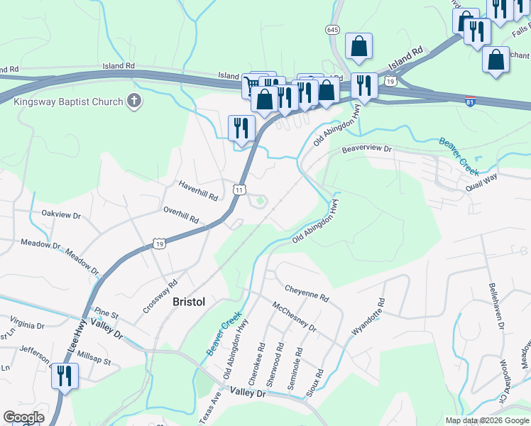 map of restaurants, bars, coffee shops, grocery stores, and more near 516 Old Abingdon Highway in Bristol