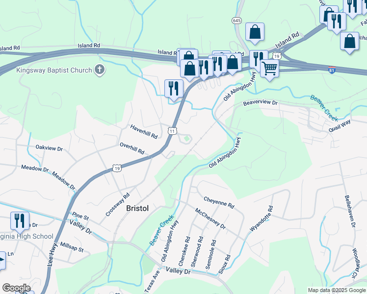 map of restaurants, bars, coffee shops, grocery stores, and more near 1821 Lee Highway in Bristol