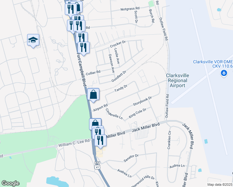 map of restaurants, bars, coffee shops, grocery stores, and more near 107 Airport Road in Clarksville
