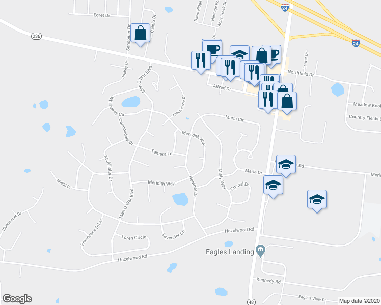 map of restaurants, bars, coffee shops, grocery stores, and more near 3745 Heather Drive in Clarksville