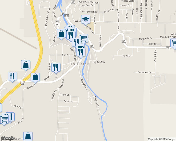 map of restaurants, bars, coffee shops, grocery stores, and more near 333 Hidden Valley Road in Hollister