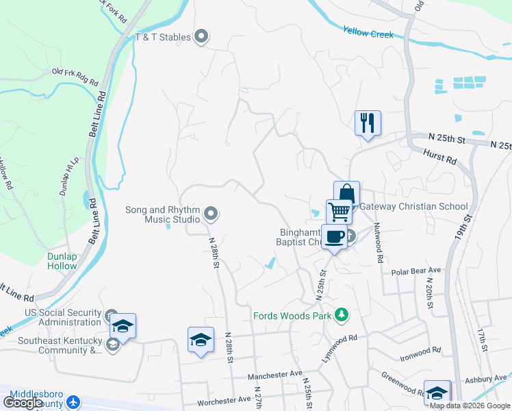 map of restaurants, bars, coffee shops, grocery stores, and more near 349-357 Englewood Road in Middlesboro