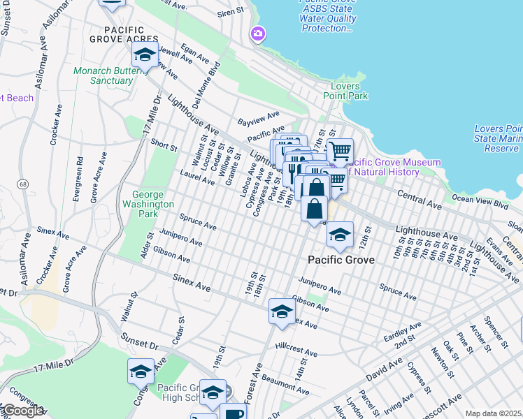 map of restaurants, bars, coffee shops, grocery stores, and more near 309 Congress Avenue in Pacific Grove