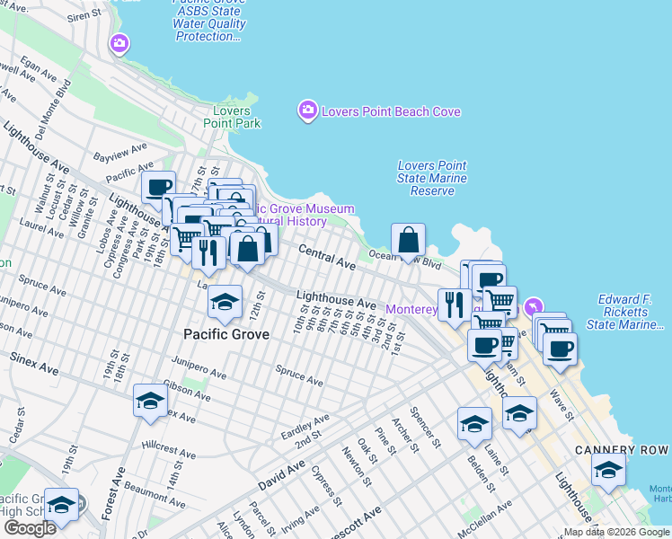 map of restaurants, bars, coffee shops, grocery stores, and more near in Pacific Grove