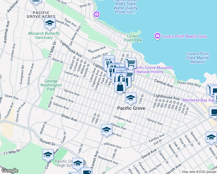 map of restaurants, bars, coffee shops, grocery stores, and more near Laurel Avenue & 18th Street in Pacific Grove