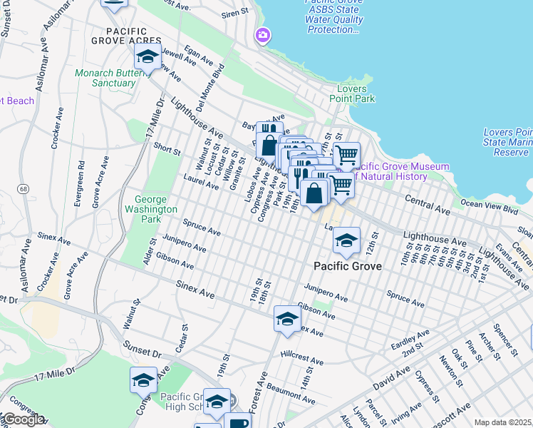 map of restaurants, bars, coffee shops, grocery stores, and more near 309 Congress Avenue in Pacific Grove