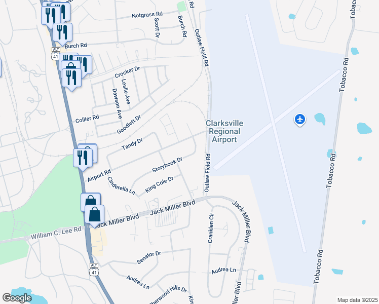 map of restaurants, bars, coffee shops, grocery stores, and more near 145 Storybook Drive in Clarksville